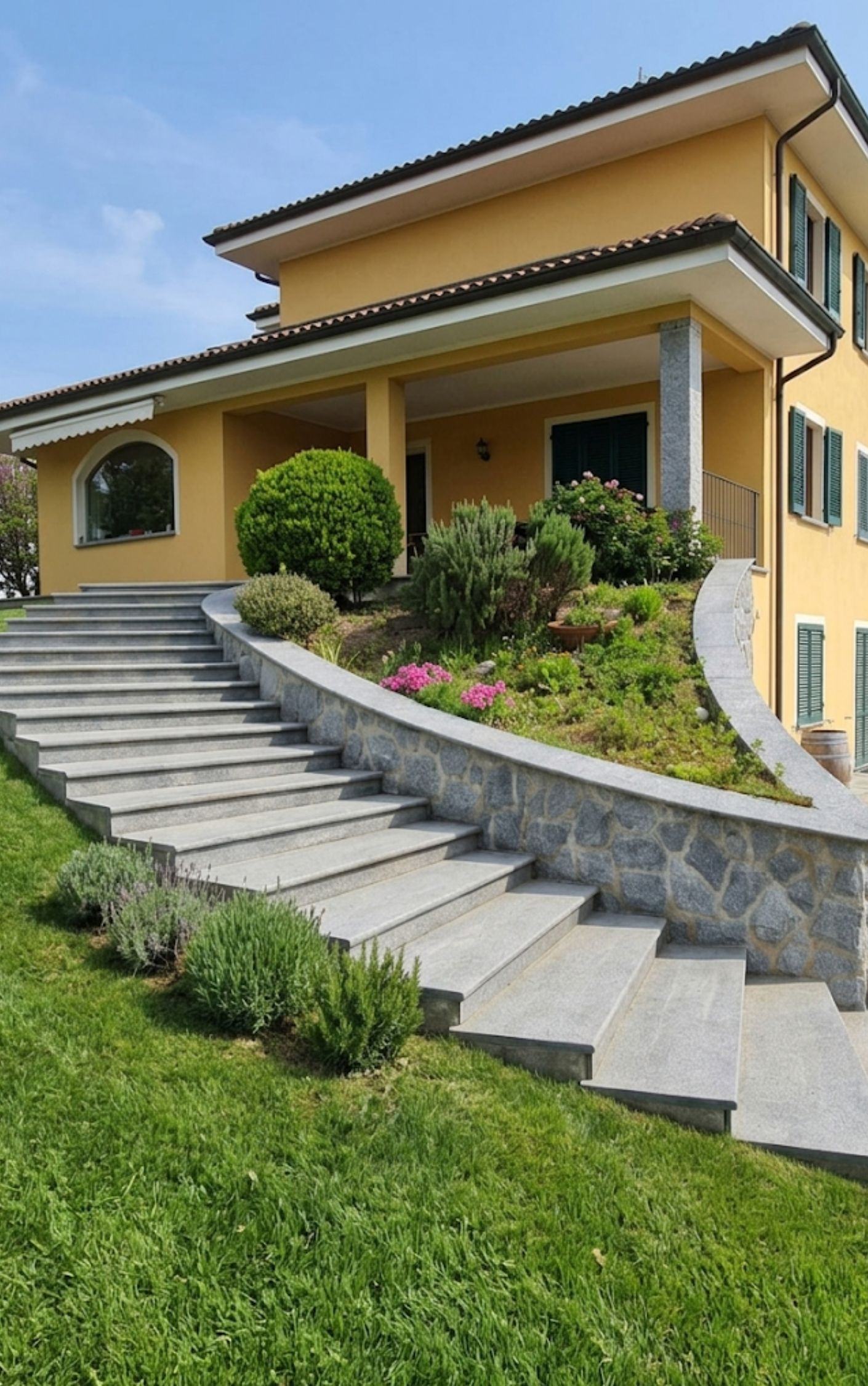Scalinata curva in lastre di pietra di Luserna con muro di contenimento in pietra, davanti a villa nelle Langhe — realizzazione Barbero